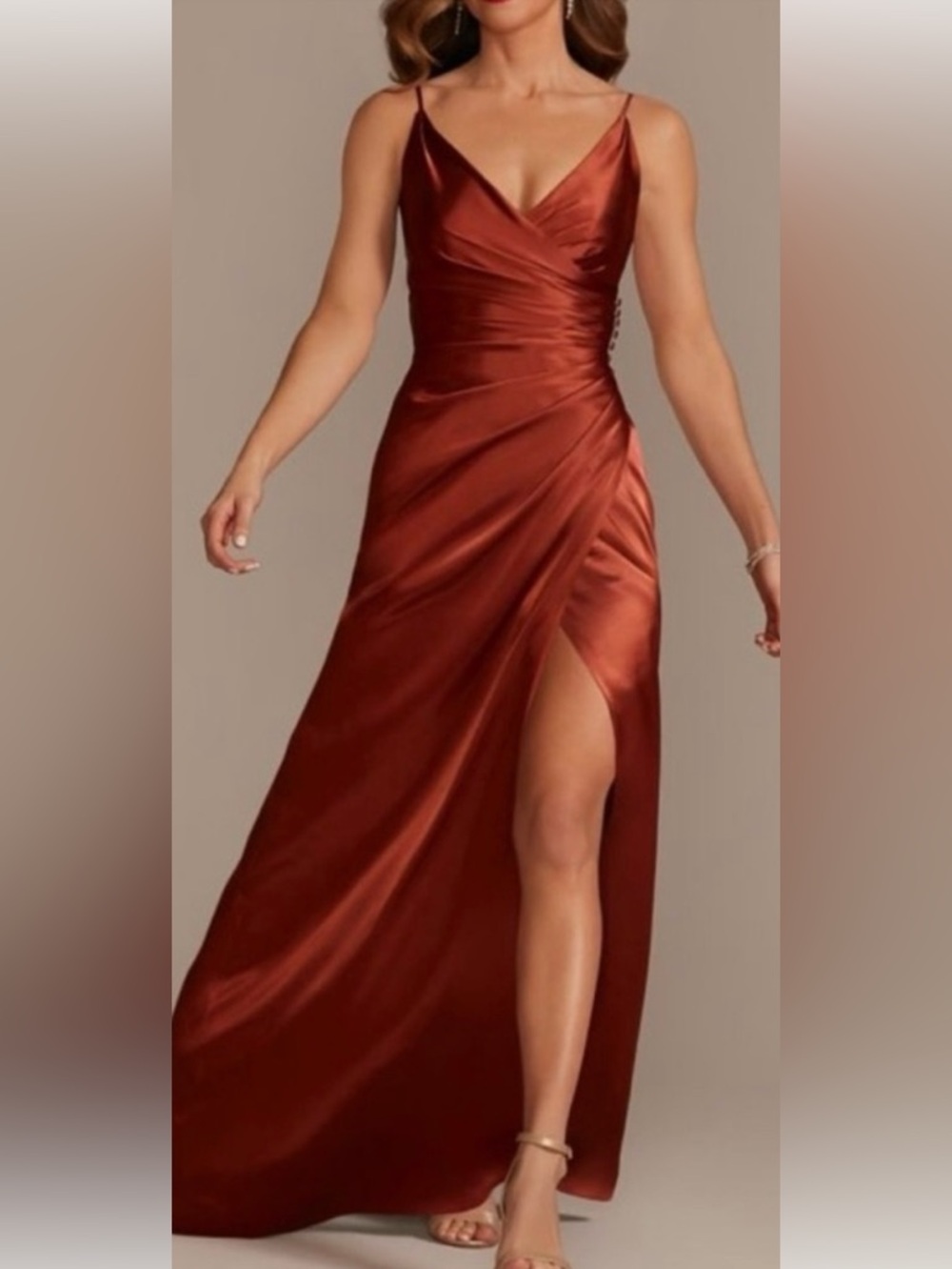 Satin Twist Front Evening Gown in Rust